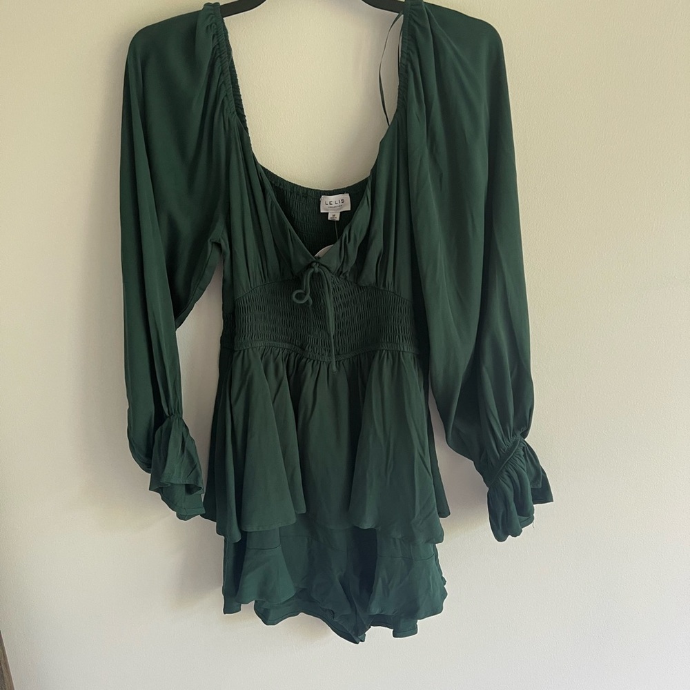 Size Medium, green, long-sleeve romper